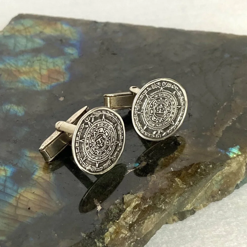 VTG Taxco Mexico Sterling Silver 925 Alpaca Aztec Mayan Calendar CuffLinks